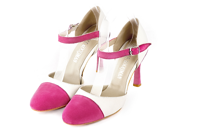Fuschia pink and off white women's open side shoes, with an instep strap. Round toe. Very high slim heel. Front view - Florence KOOIJMAN